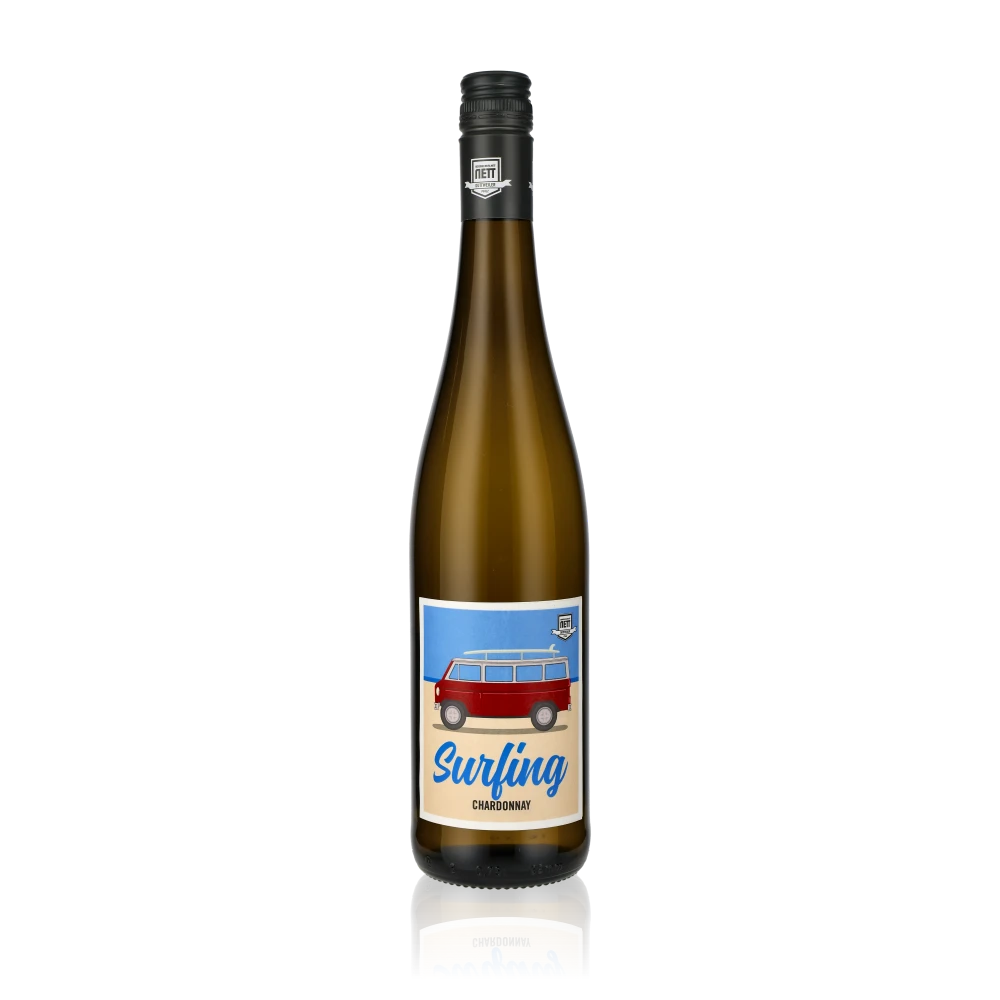Weinflasche Surfing Chardonnay mit Etikett und schwarzem Verschluss.