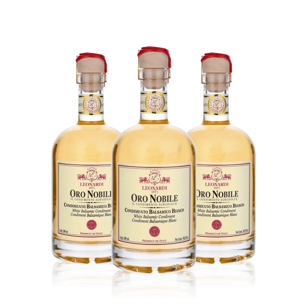 Drei Flaschen Leonardi Oro Nobile Balsamico Essig.