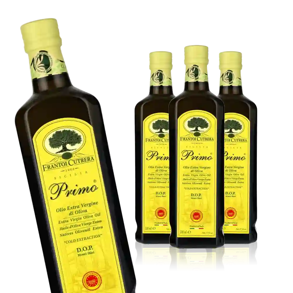 Vier Flaschen Frantoi Cutrera Primo Olivenöl.