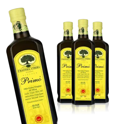Vier Flaschen Frantoi Cutrera Primo Olivenöl.