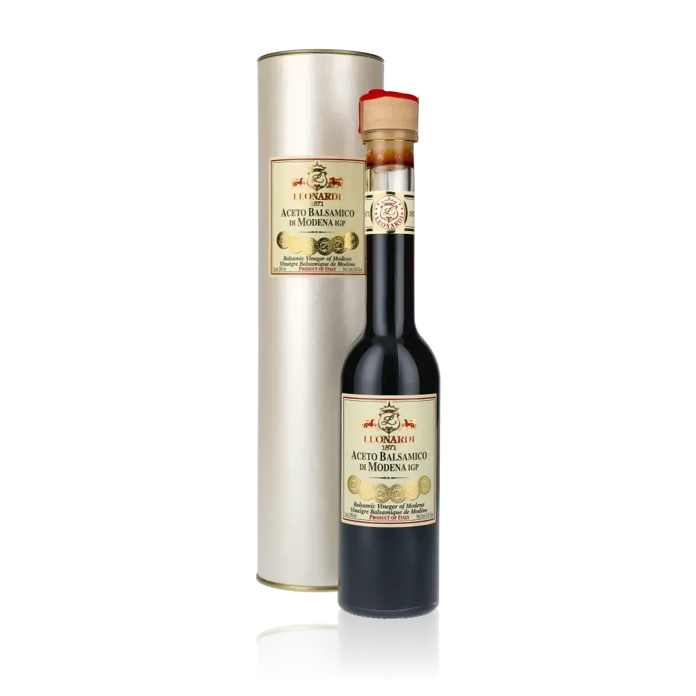 Acetaia Leonardi Balsamico di Modena Flasche und Verpackung.