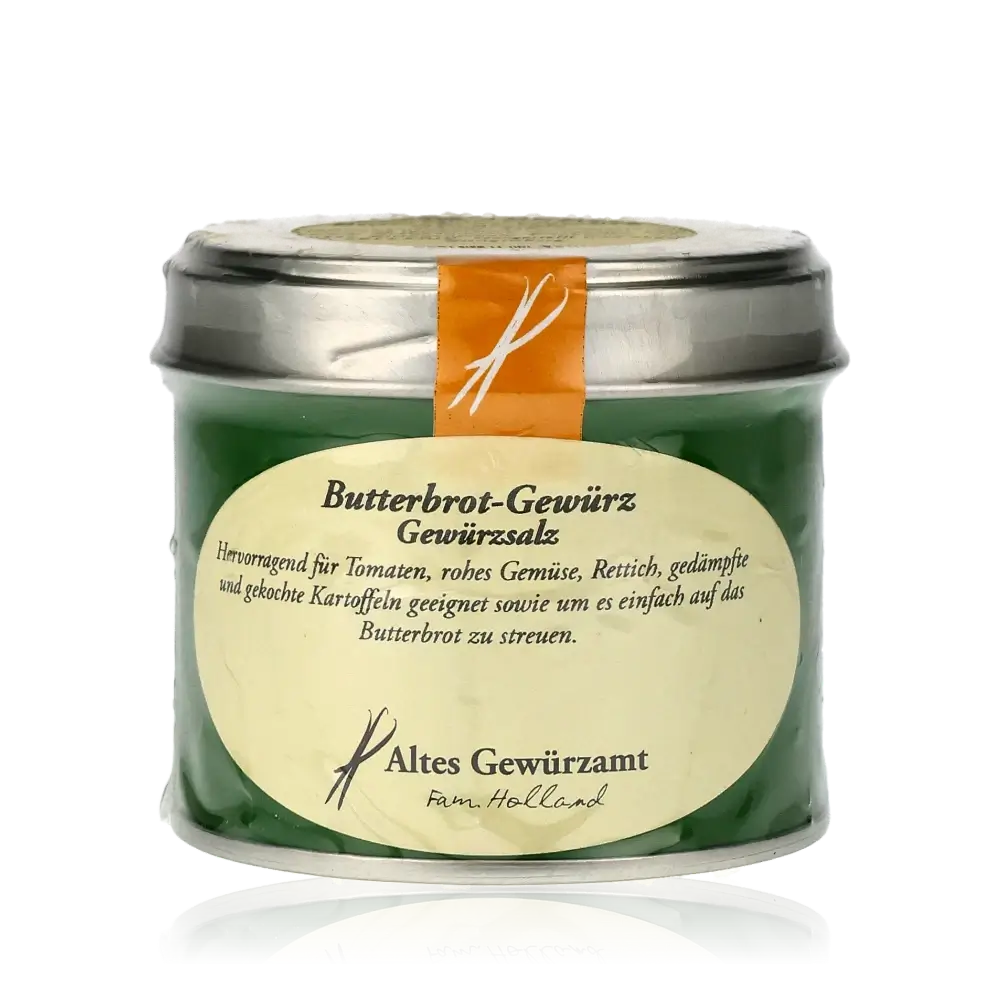 Altes Gewürzamt Butterbrot-Gewürz in grünem Glasbehälter.