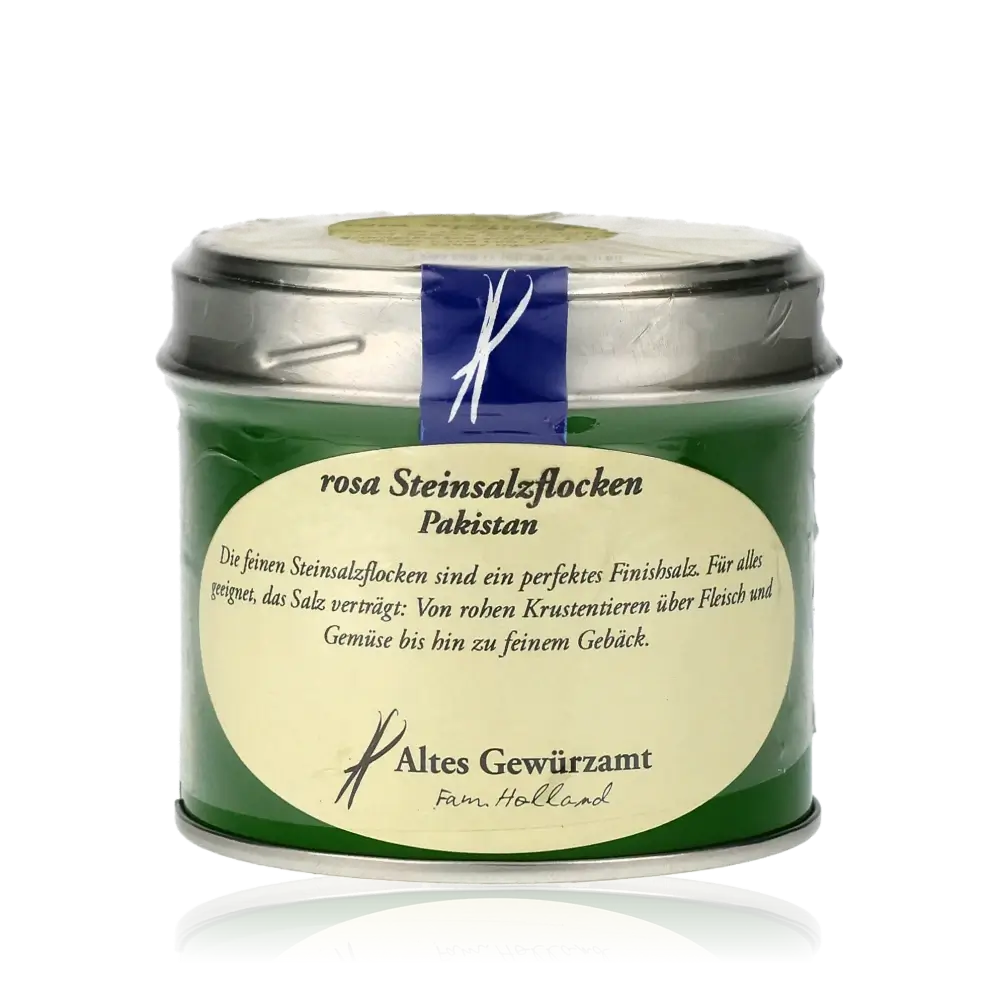 Altes Gewürzamt rosa Steinsalzflocken in grüner Dose.