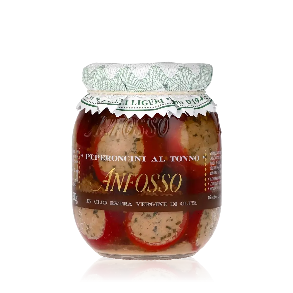 Anfosso Peperoncini al Tonno im Glas mit Olivenöl.