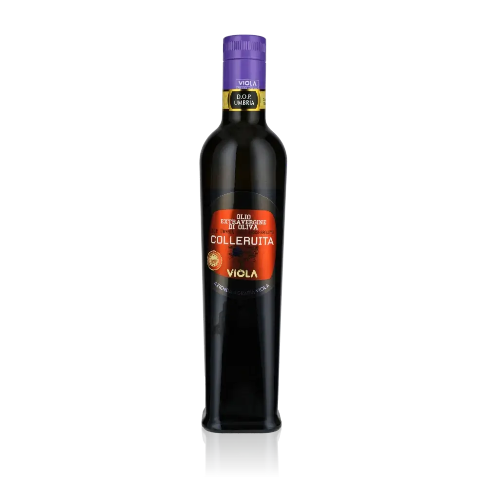 Olivenölflasche Viola Colleruita DOP Umbria auf schwarzem Hintergrund.
