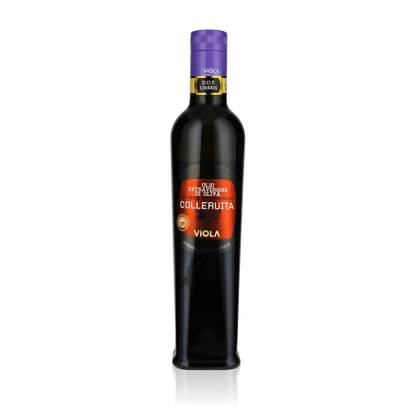 Olivenölflasche Viola Colleruita DOP Umbria auf schwarzem Hintergrund.
