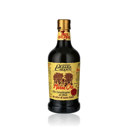 Flasche Azienda Olearia Chianti Olivenöl auf schwarzem Hintergrund.