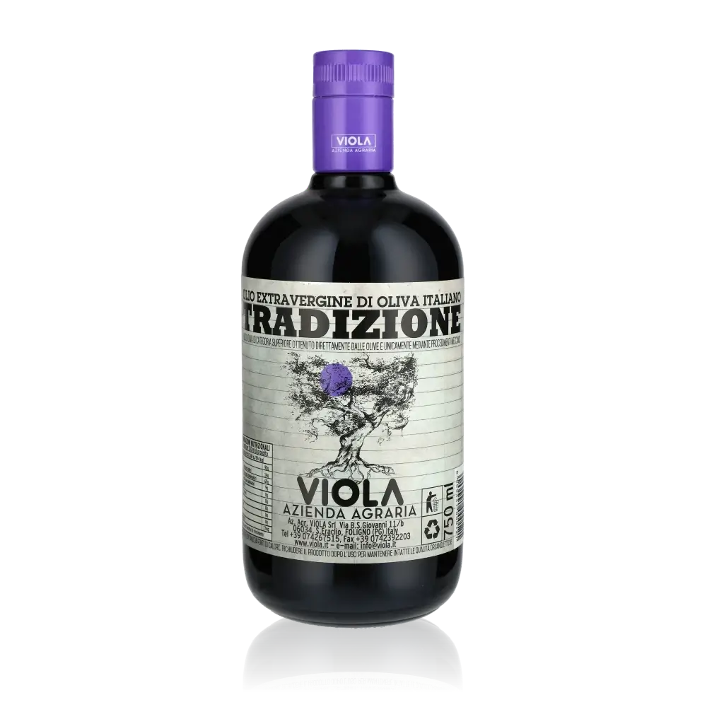 Flasche Viola Olivenöl mit violettem Verschluss und Etikett.
