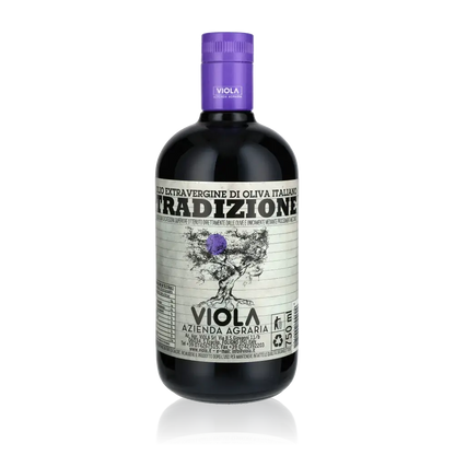 Flasche Viola Olivenöl mit violettem Verschluss und Etikett.