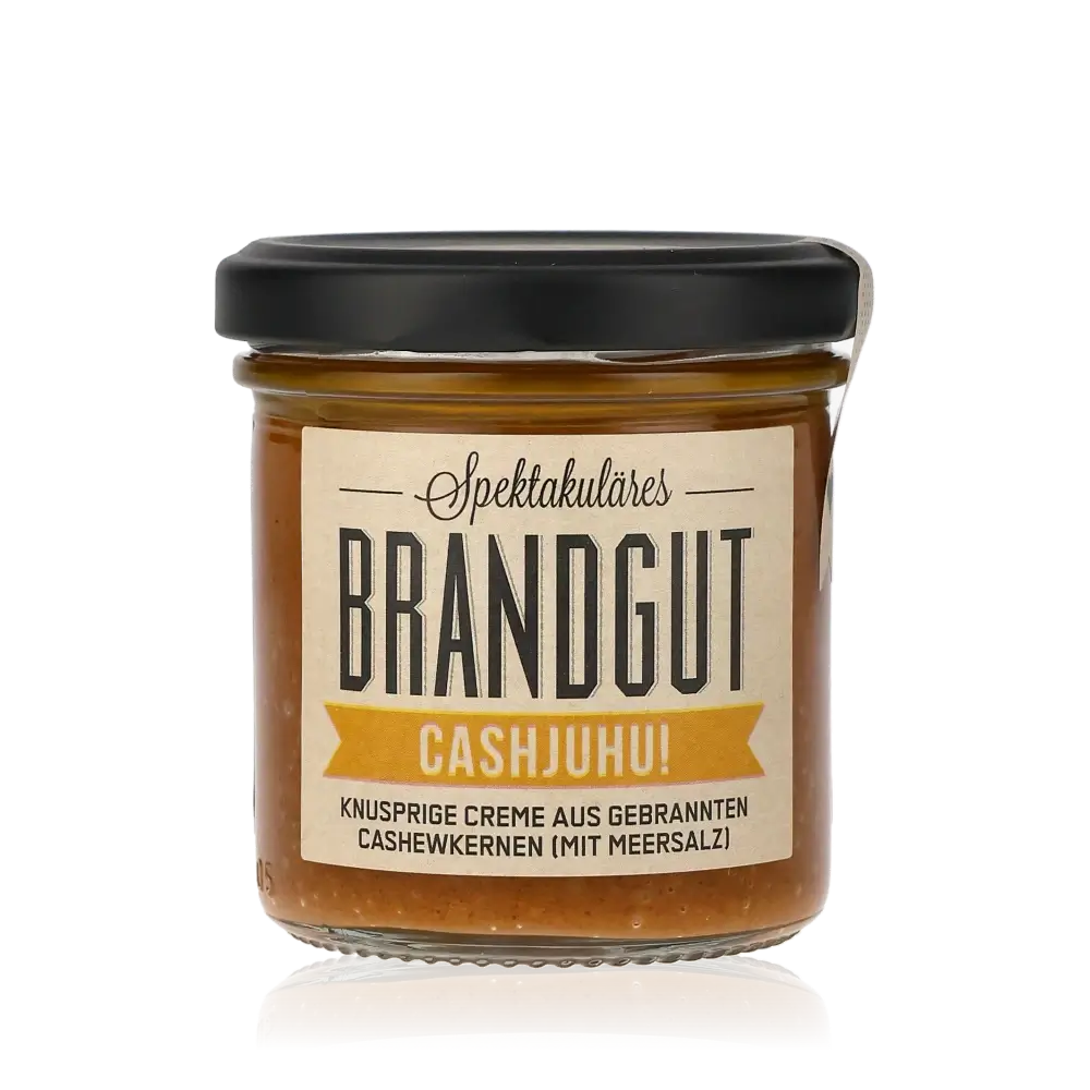 Brandgut Cashjuhu Brotaufstrich aus Cashewkernen im Glas.
