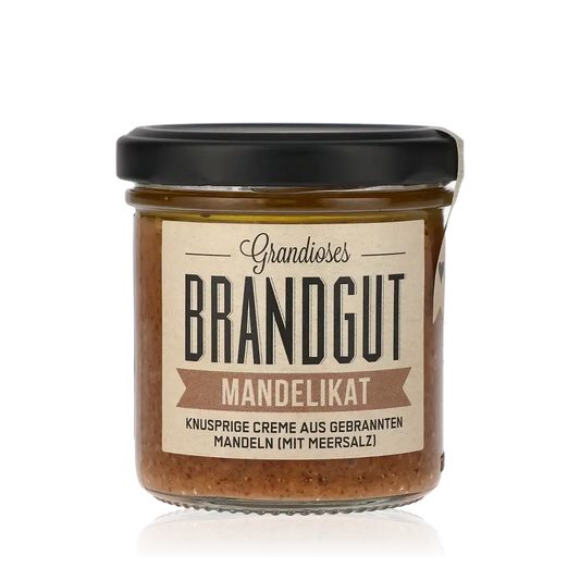 Brandgut Mandelikat Brotaufstrich Glas mit Etikett.