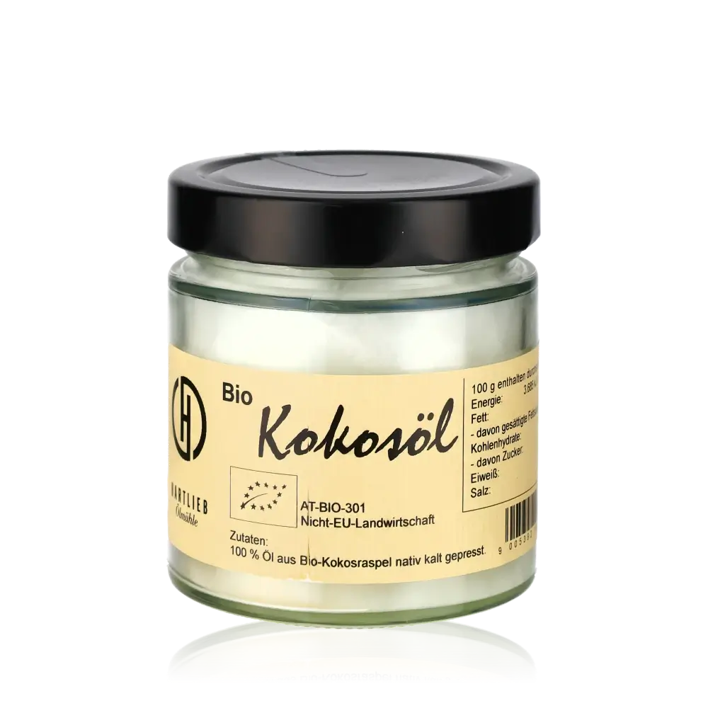 Hartlieb Bio Kokosöl Glas mit schwarzem Deckel.