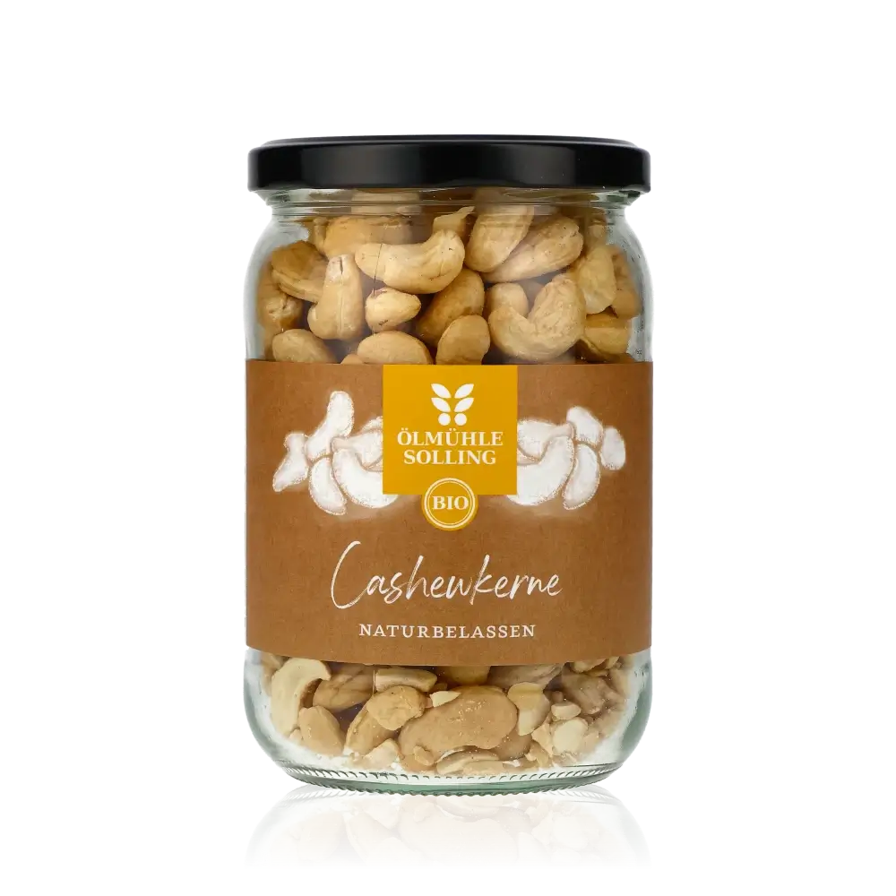 Ölmühle Solling Bio Cashewkerne im Glasbehälter.