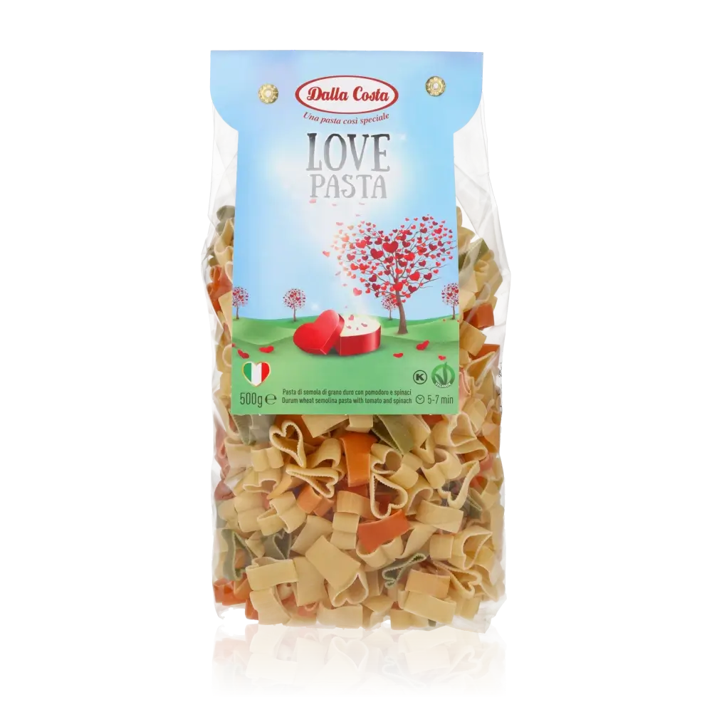 Dalla Costa Pasta mit Herz Motiv 500g – Dreifarbige Hartweizenpasta in romantischer Herzform.