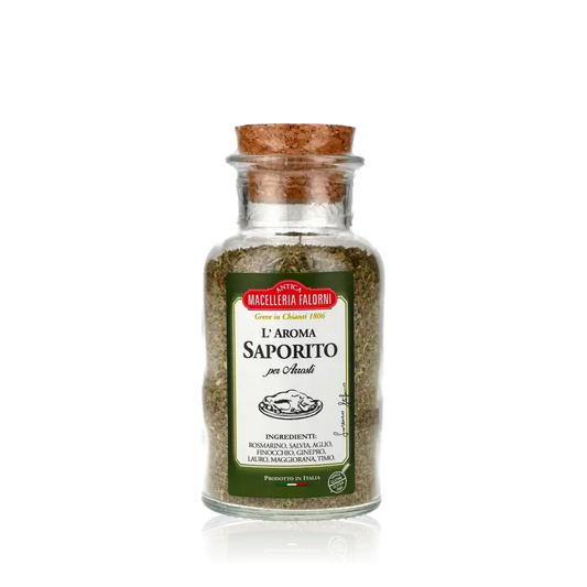 Gewürzmischung in Glasflasche, Marke Macelleria Falorni, italienisch.