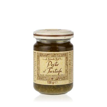 La Favorita Trüffel Pesto Glas 130g auf schwarzem Hintergrund.