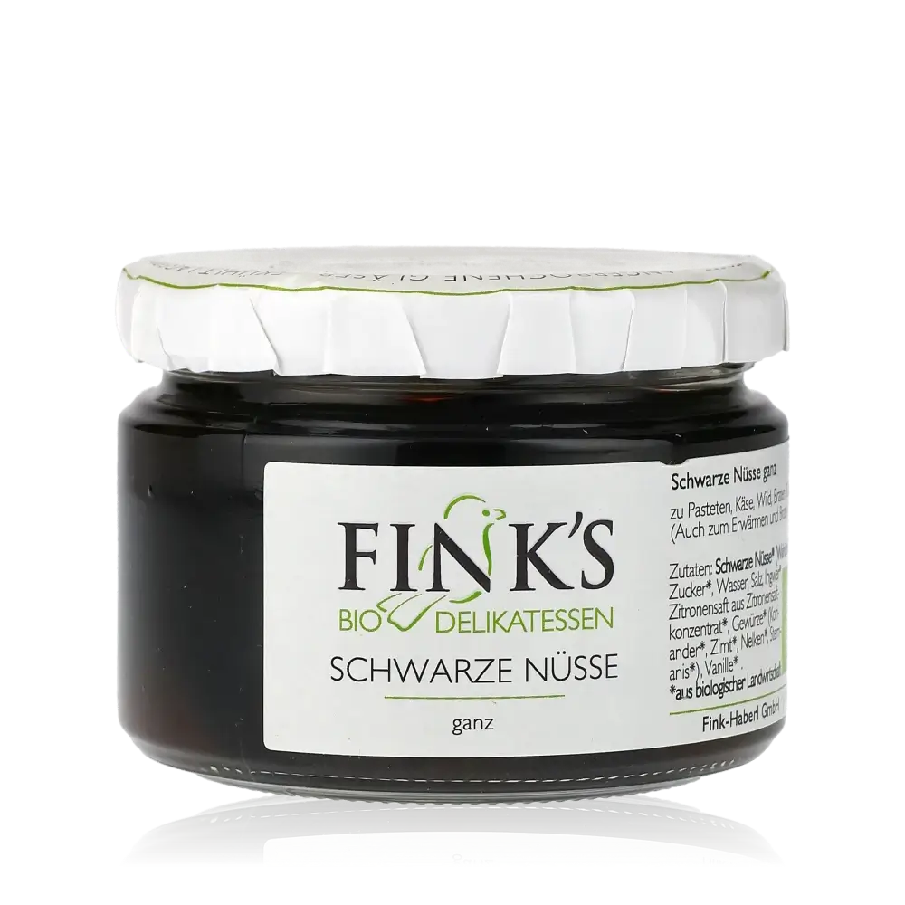 Fink's Bio Delikatessen schwarze Nüsse im Glas.