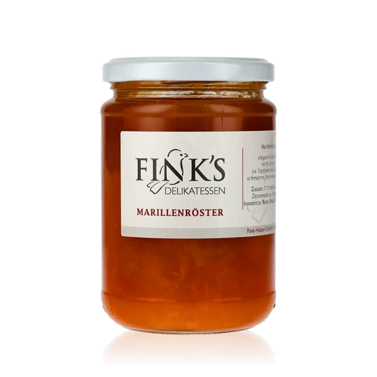 Fink's Delikatessen Marillenröster im Glas mit Etikett.