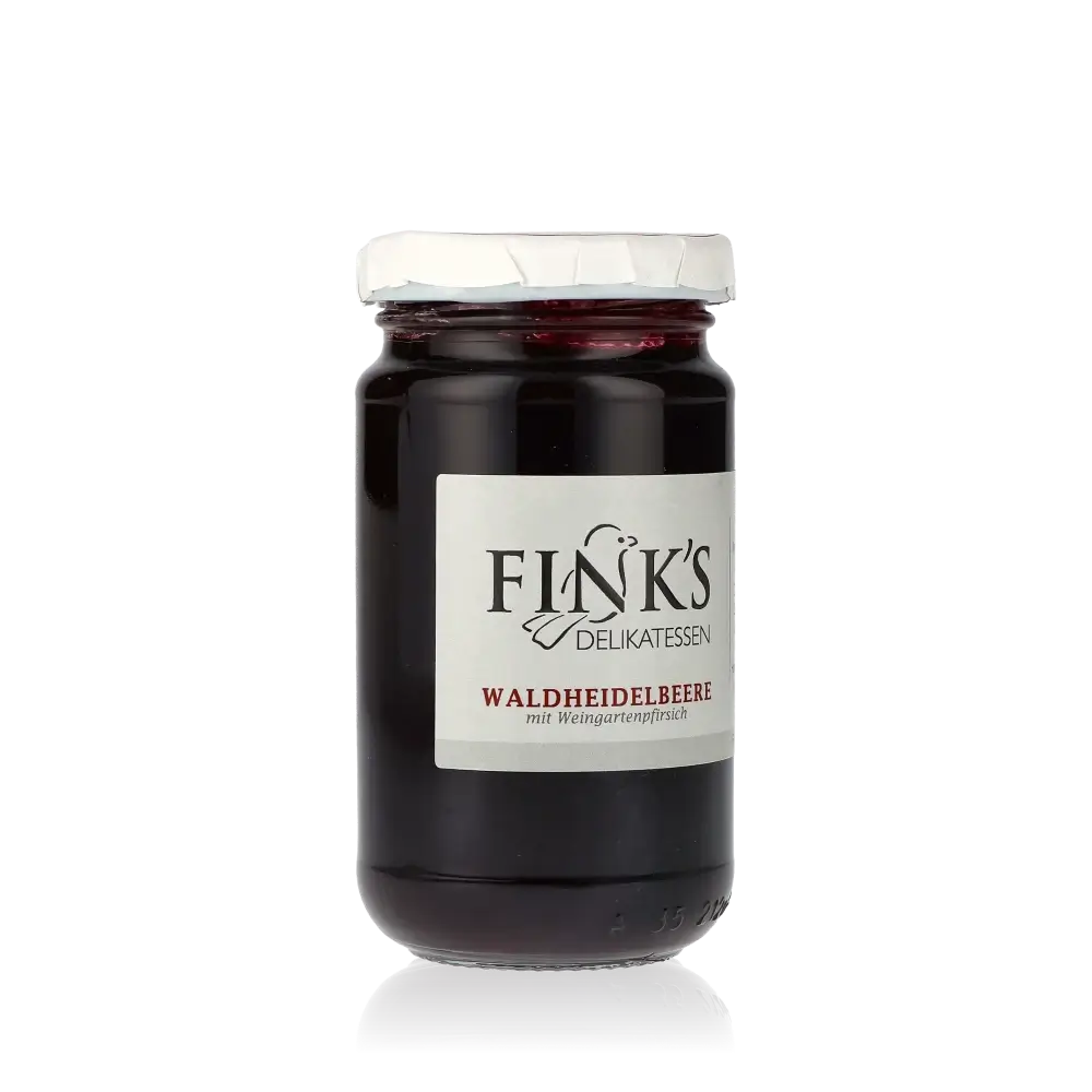 Fink's Delikatessen Waldheidelbeere Weingartenpfirsich Konfitüre Glas.