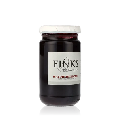 Fink's Delikatessen Waldheidelbeere Weingartenpfirsich Konfitüre Glas.