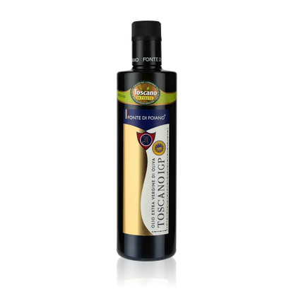 Fonte di Foiano Olivenölflasche mit Etikett und Logo.