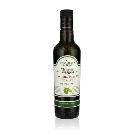 Flasche Frantoio di Santa Tea Olivenöl auf schwarzem Hintergrund.