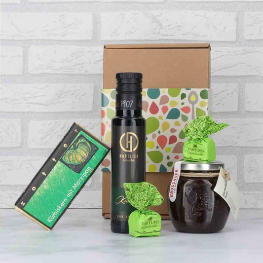 Geschenkset mit Hartlieb Kürbiskernöl, Schokolade, Trüffel, Marmelade.