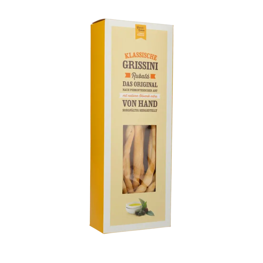 Verpackung klassische Grissini, Rubata, handgefertigt, gelb-weißes Design.