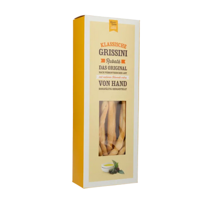 Verpackung klassische Grissini, Rubata, handgefertigt, gelb-weißes Design.