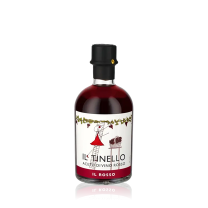 Il Tinello Il Rosso Weinessig Flasche vor schwarzem Hintergrund.