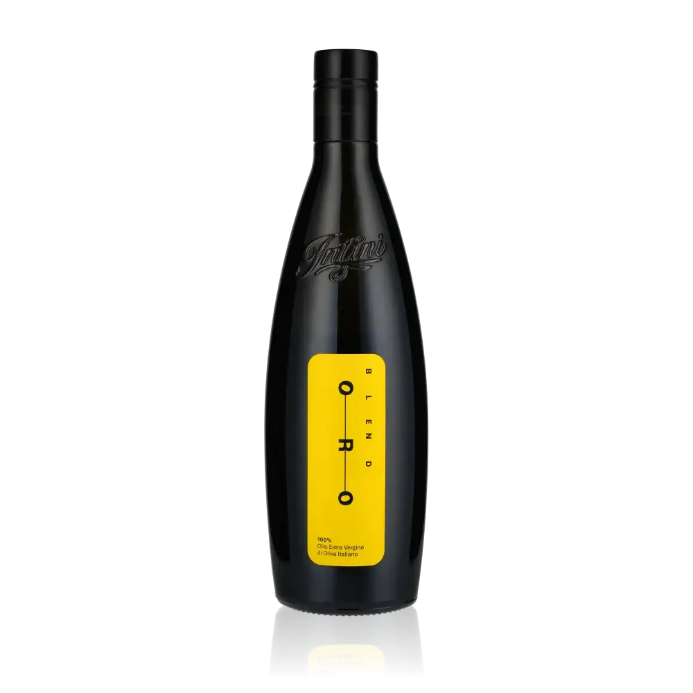 Intini Oro Olivenölflasche mit gelbem Etikett auf Schwarz.