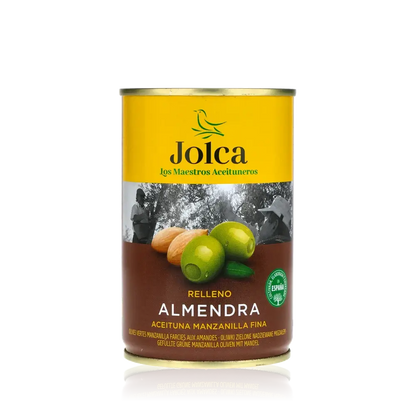 Jolca Oliven gefüllt mit Mandeln, Manzanilla, Spanien, Antipasti.