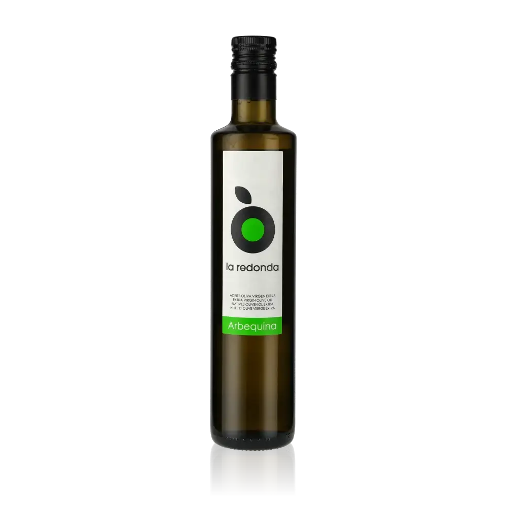 La Redonda Arbequina Olivenölflasche auf weißem Hintergrund.