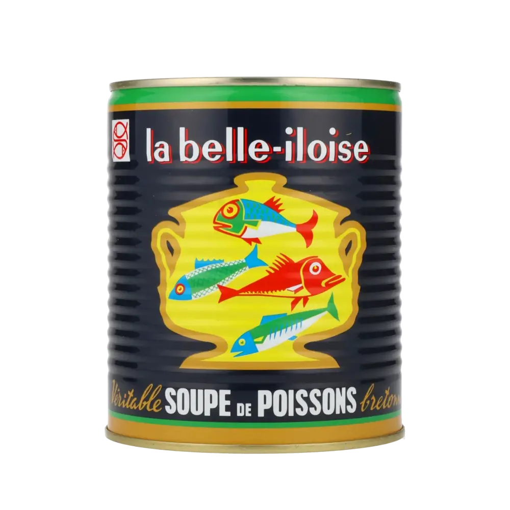La belle-iloise Fischsuppe Dose mit buntem Fischdesign.