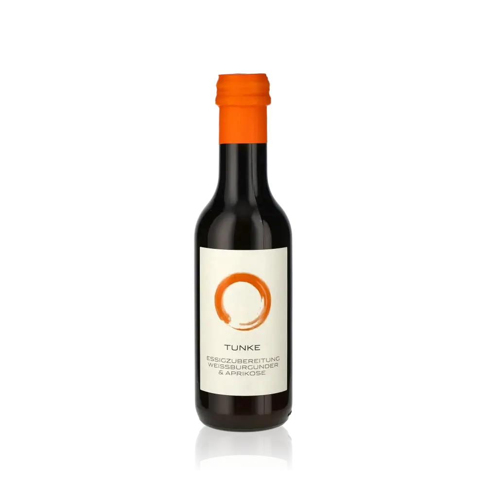 Flasche Tunke Essig mit Weißburgunder und Aprikose.