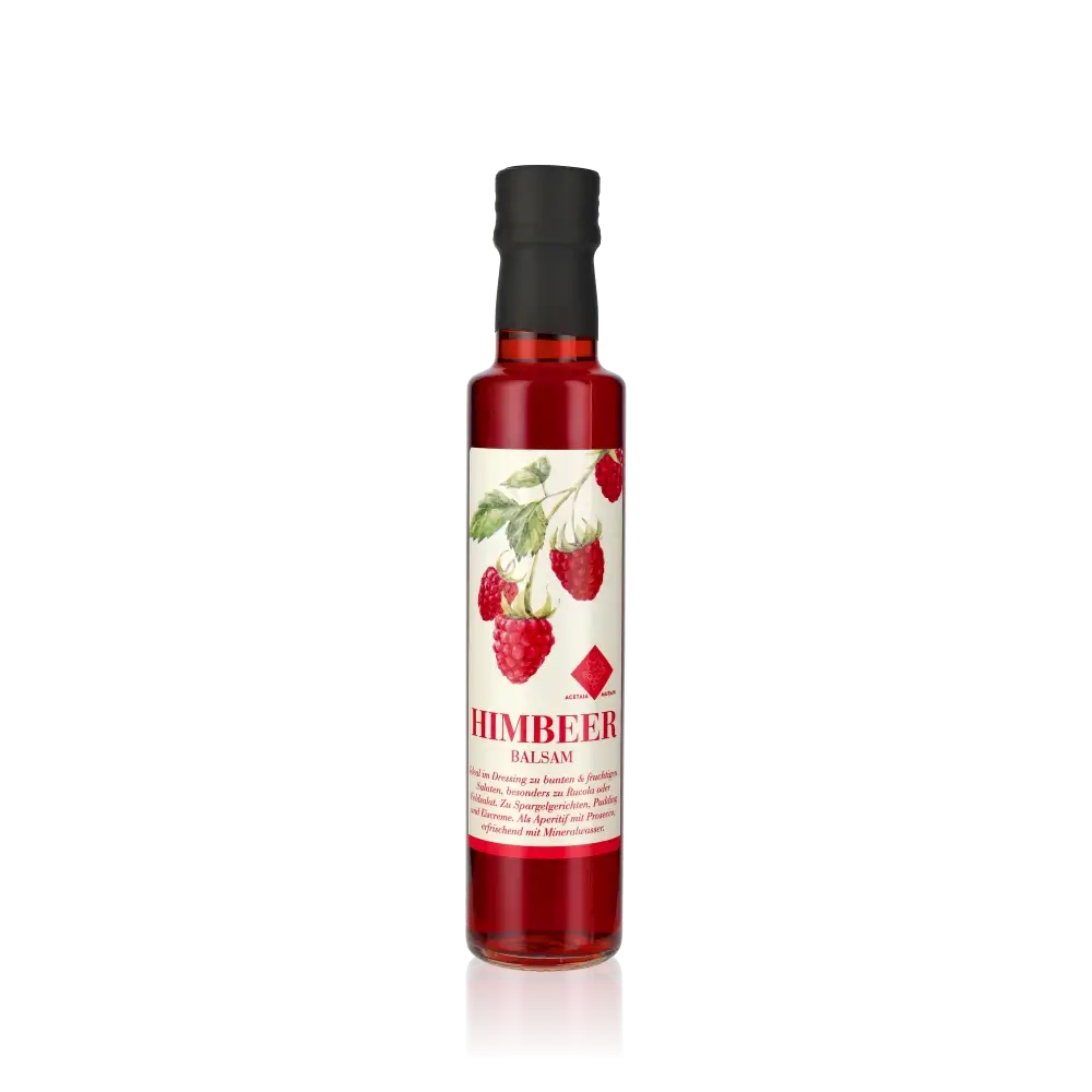 Murani Himbeer Balsamessig Flasche mit Himbeeren auf Etikett.