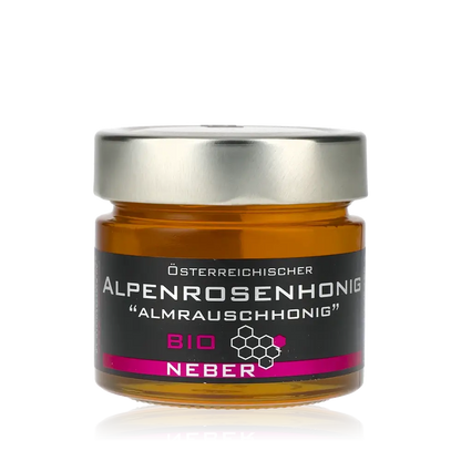 Glas Alpenrosenhonig mit Etikett.