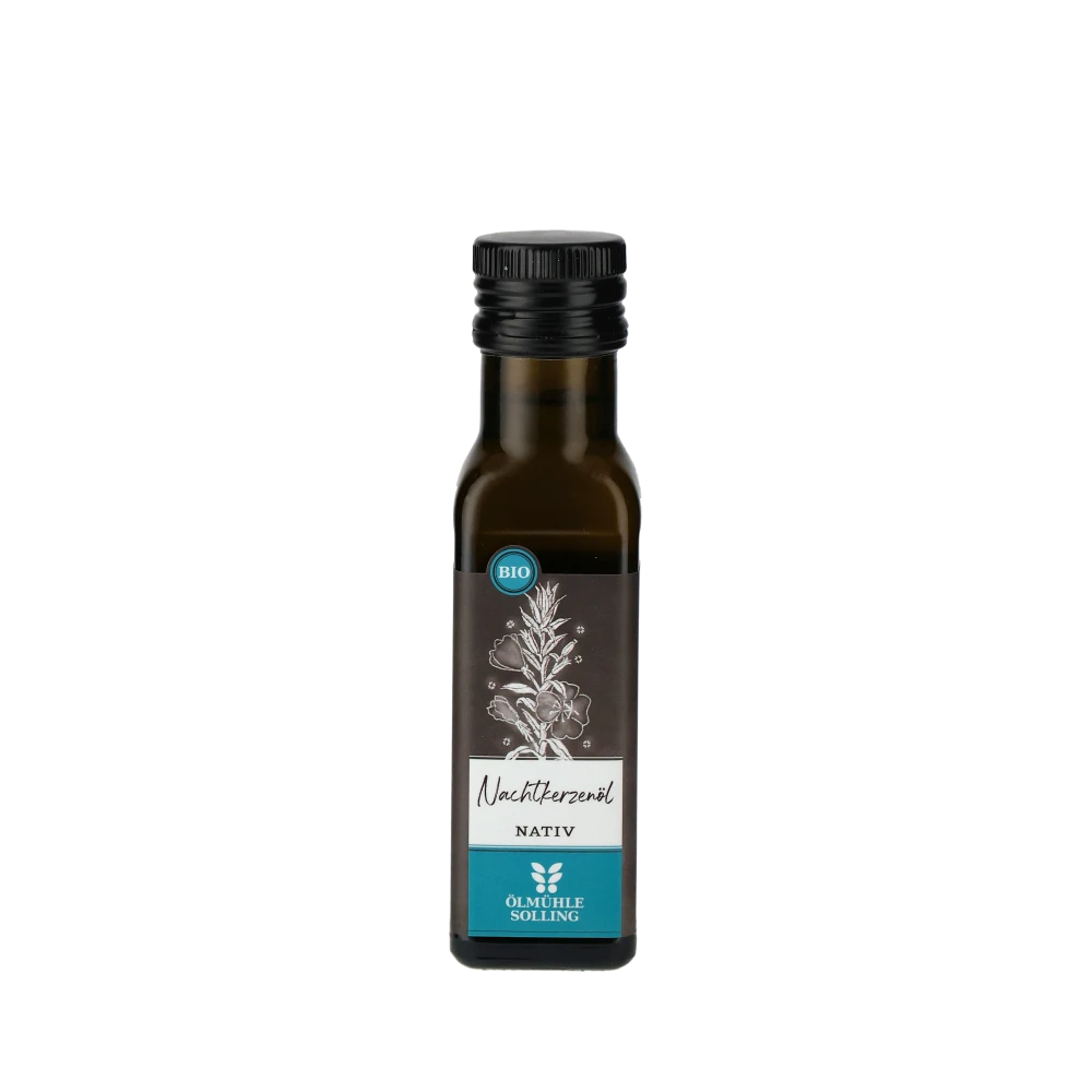 Ölmühle Solling Nachtkerzenöl Flasche vor weißem Hintergrund.