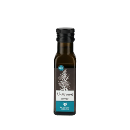 Ölmühle Solling Nachtkerzenöl Flasche vor weißem Hintergrund.