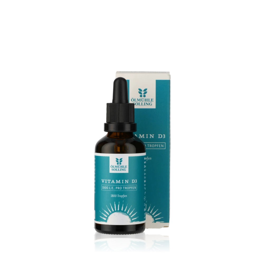 Ölmühle Solling Vitamin D3 Öl Flasche und Verpackung.