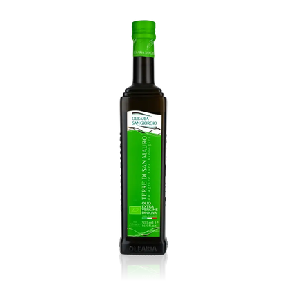 Olearia San Giorgio Olivenölflasche mit grünem Etikett.