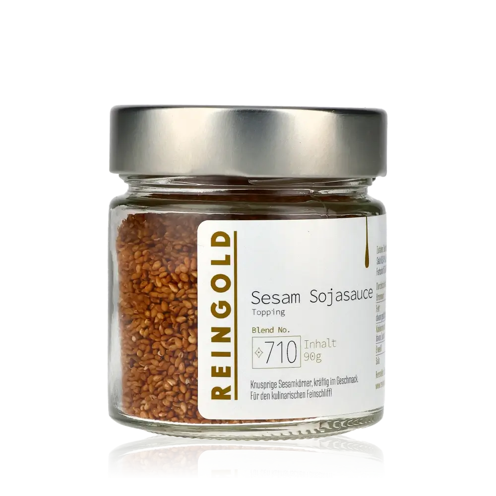 Reingold Sesam Sojasauce Glas mit Etikett und Inhalt.