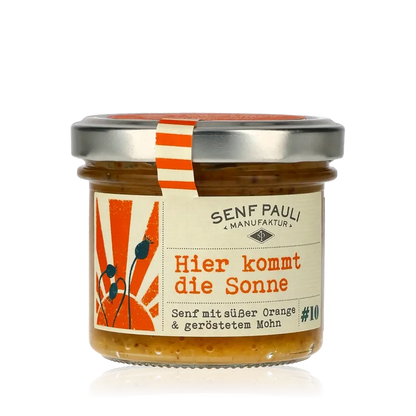 Senf Pauli Senf mit Orange und geröstetem Mohn.