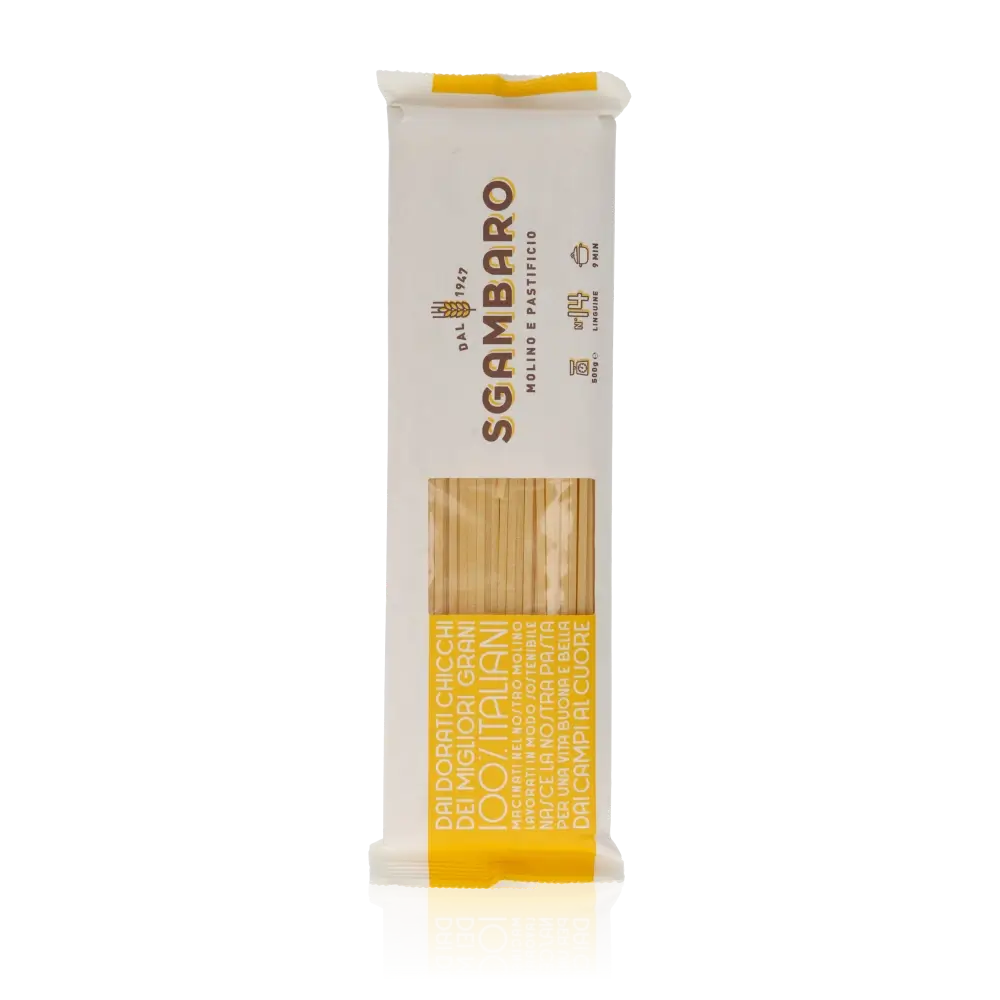 Sgambaro Linguine Pasta 500g Packung, vertikal ausgerichtet.