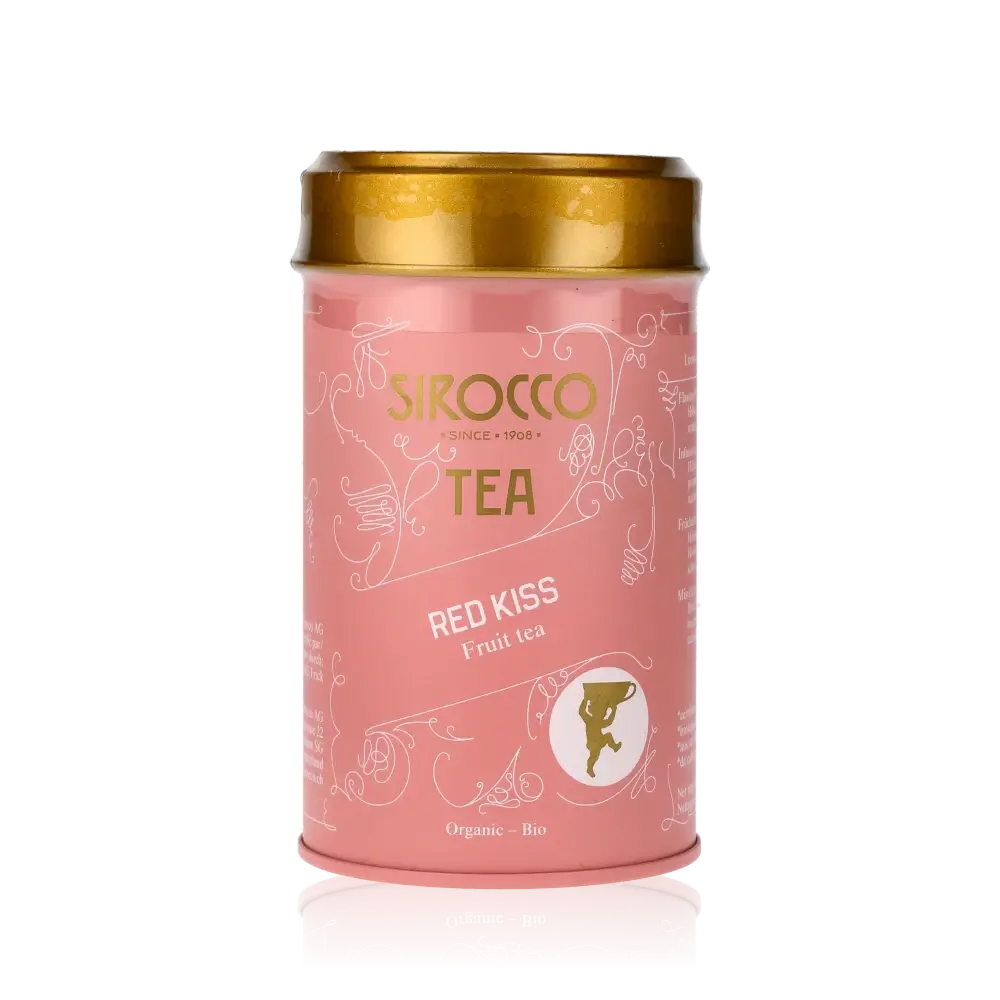 Rosa Teedose mit Sirocco-Logo.