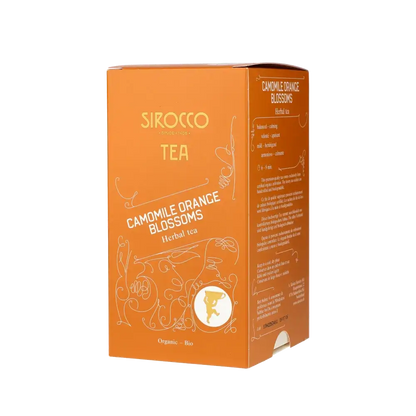 Orange Teepackung mit Aufschrift.