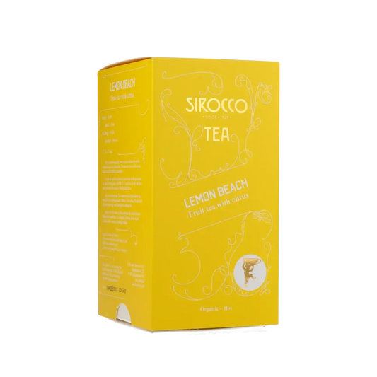 Gelbe Teepackung mit Zitronenmotiv.