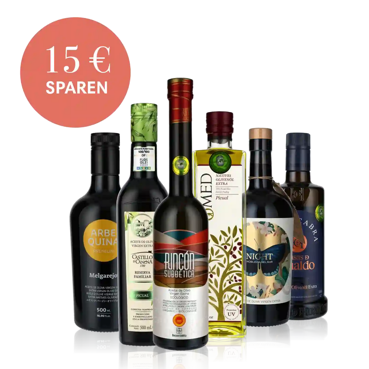 Olivenöl, Essig, Weinflaschen, Geschenkset, Rabatt, verschiedene Marken.