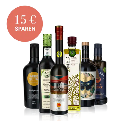 Olivenöl, Essig, Weinflaschen, Geschenkset, Rabatt, verschiedene Marken.