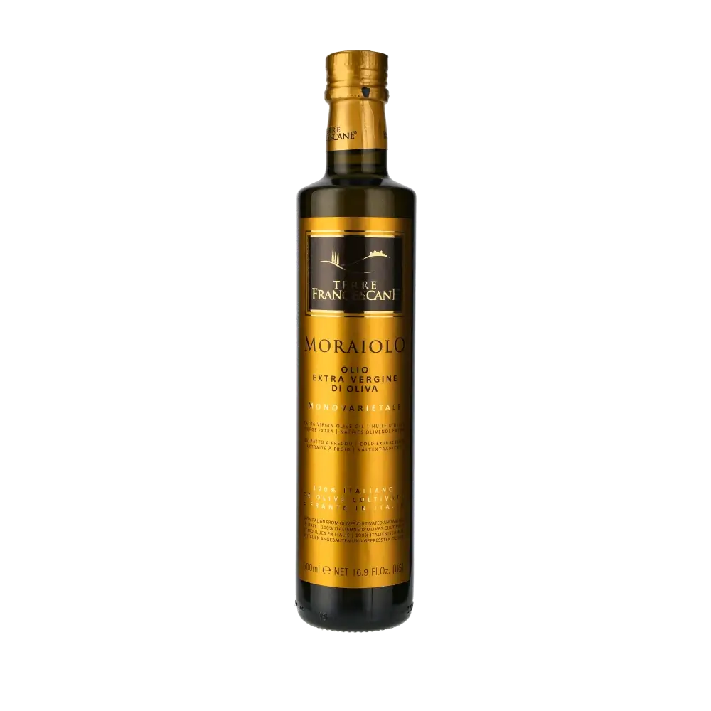 Terre Francescane Moraiolo Olivenöl Flasche vor weißem Hintergrund.